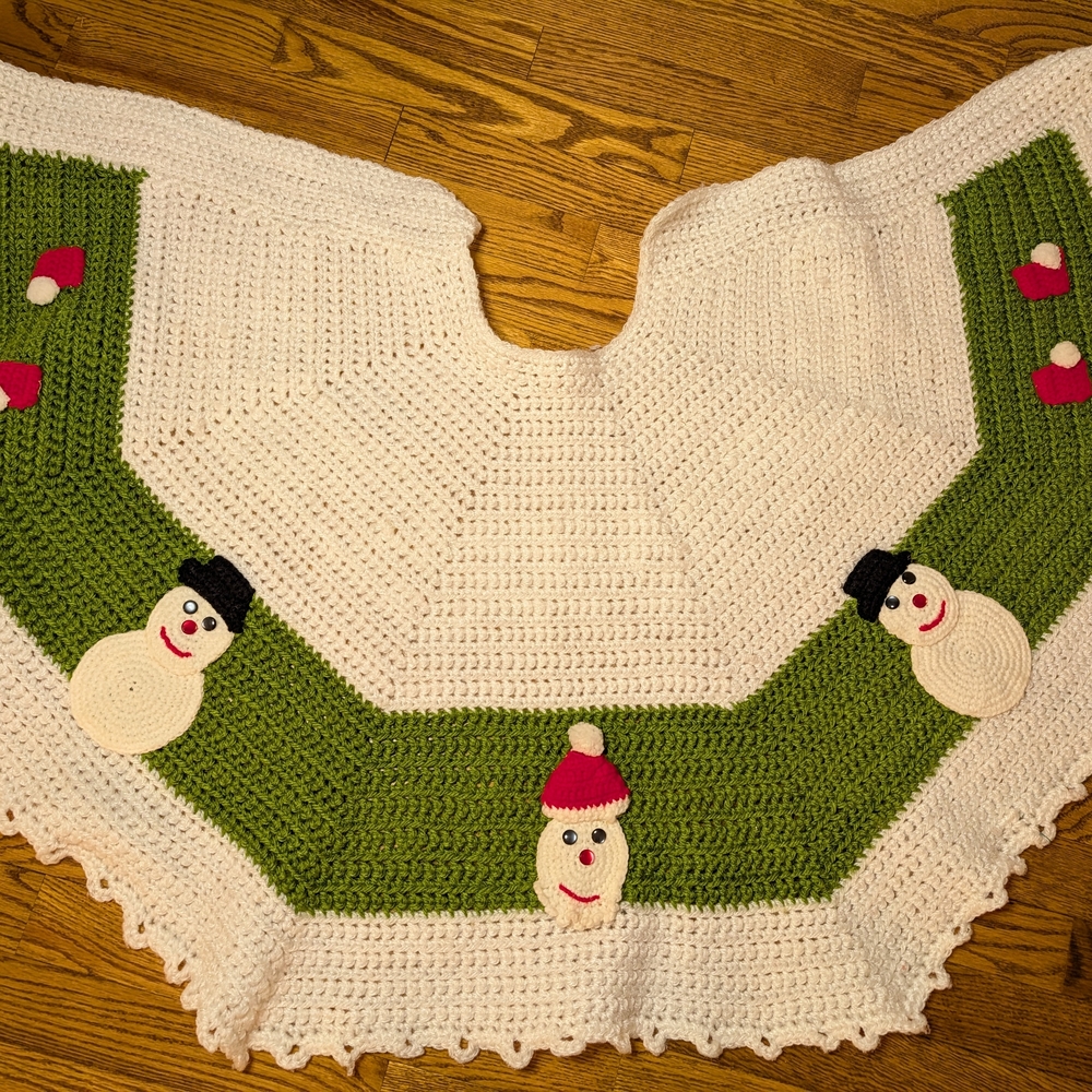 Festive Crochet Tree Skirt with Snowman Design Granny Cottage Core